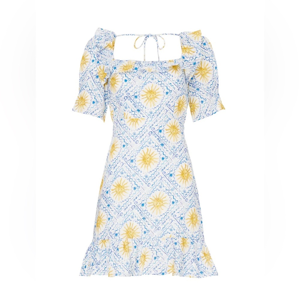 RIXO Yellow and Blue Patterned Mini Dress